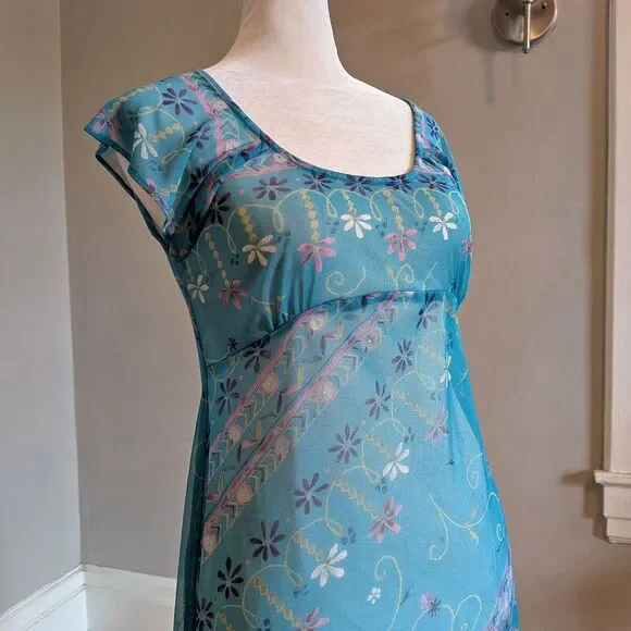 Vintage Y2K Floral Mesh Overlay Mini Dress, Empire Waist, Fairycore, Size 4P - Picture 5 of 8